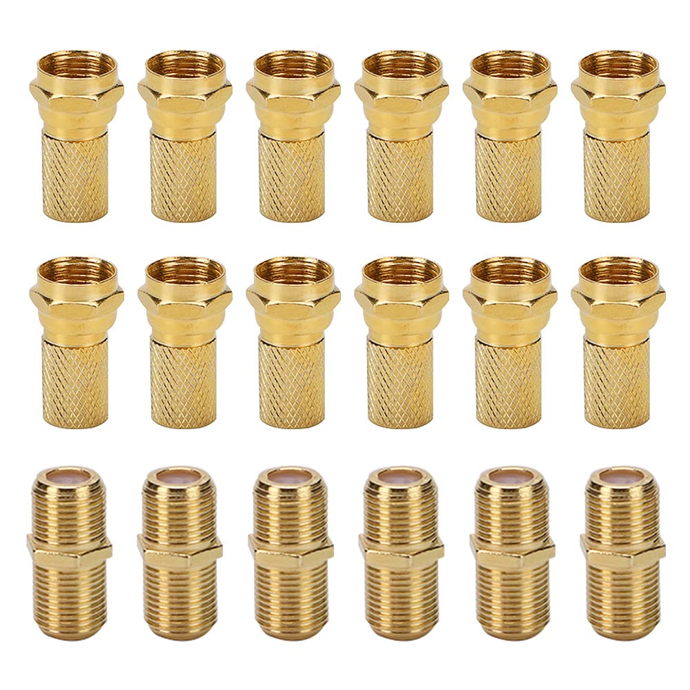 VooGenzek F-Type Connector Kit, F-Plug Set for Coaxial Cable Extension/Repair, with 12 PCS RG6 Plug Connector and 6 PCS Female Coupler, for Satellite TV Sky/Freesat/Virgin Media
