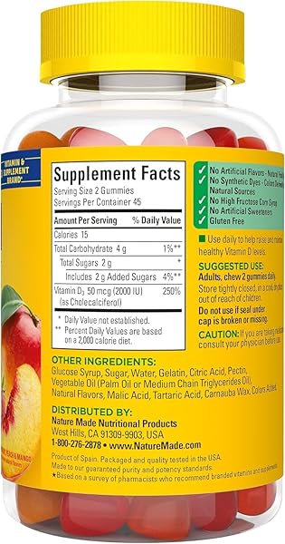 NATURE MADE VITAMIN D3 2000 IU PER SERVING GUMMIES, BONE, TEETH, MUSCLE AND IMMUNE HEALTH SUPPORT, 45 DAY SUPPLY, 90 VITAMIN D GUMMIES FOR ADULTS