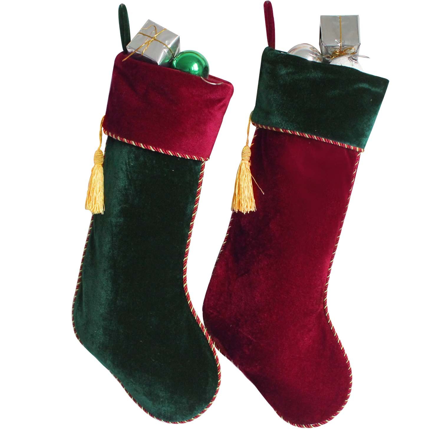 Gireshome Set of 2 Pcs Burgundy & Green Velvet Vintage with Tassel Christmas Stocking, Xmas Tree Decor Festival Party Ornament -10"x18"