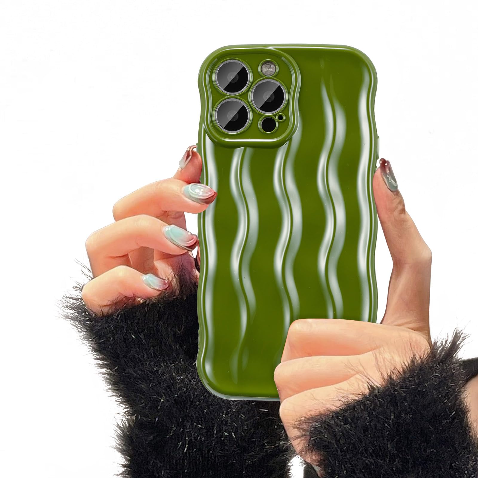UEEBAI Water Ripple Pattern Curly Phone Case for iPhone 12 Pro Max 6.7 inch, Stylish Pretty Cute Wave Frame Soft Case 3D Protective Cover Shockproof Case for Women Girls Slim Case - Green