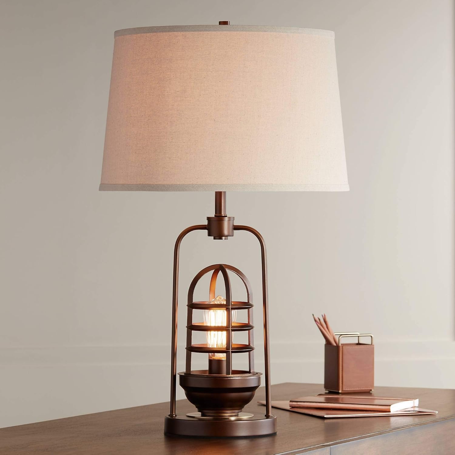 Hobie Industrial Table Lamp with Nightlight LED Edison Bulb Rust Bronze Cage Drum Shade for Living Room Family - Franklin Iron Works