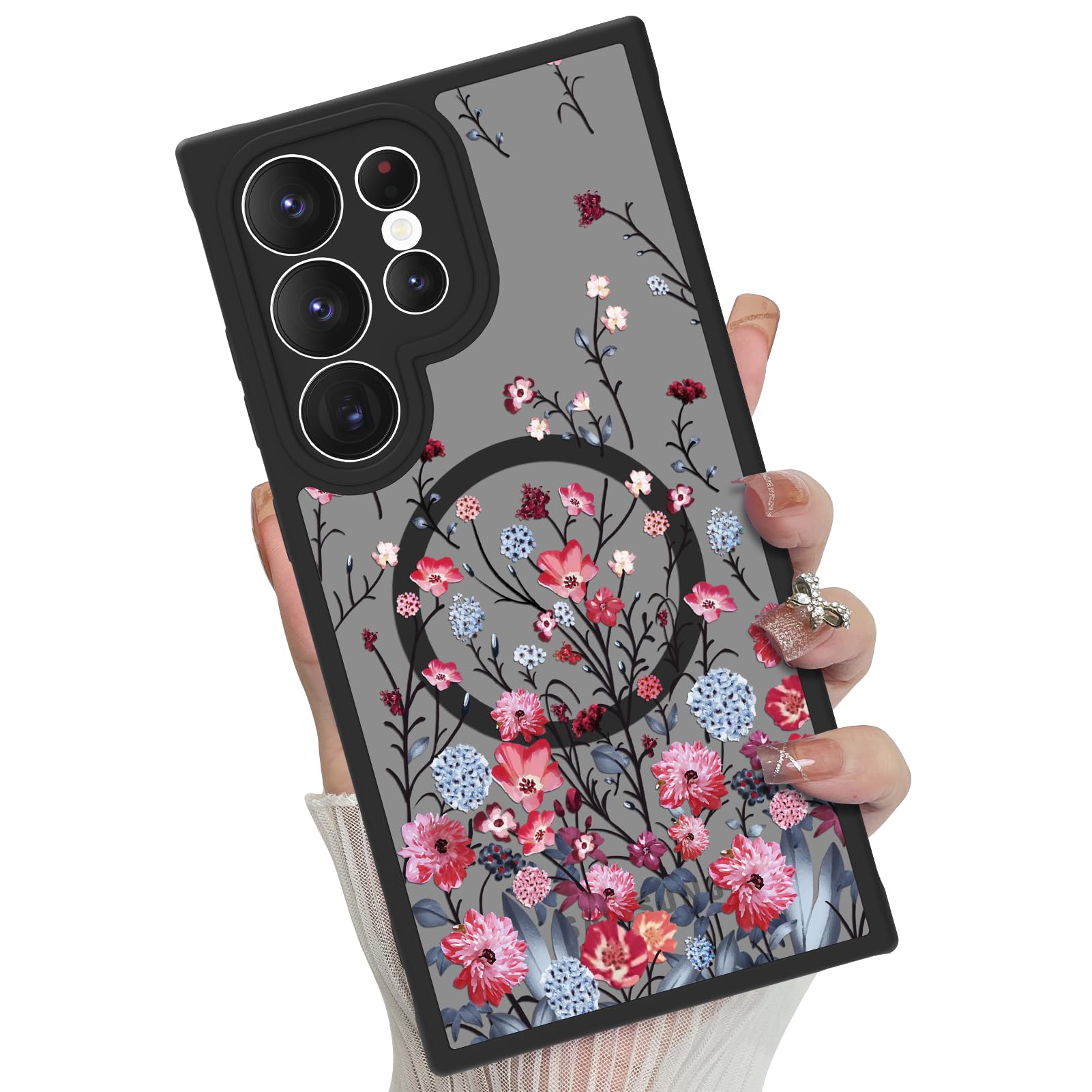 MOWIME Magnetic for Samsung Galaxy S24 Ultra case [Compatible with MagSafe] Cute Fashion Floral Translucent Matte Hard Back Shockproof Anti-Scratch Phone Case-Red Flower
