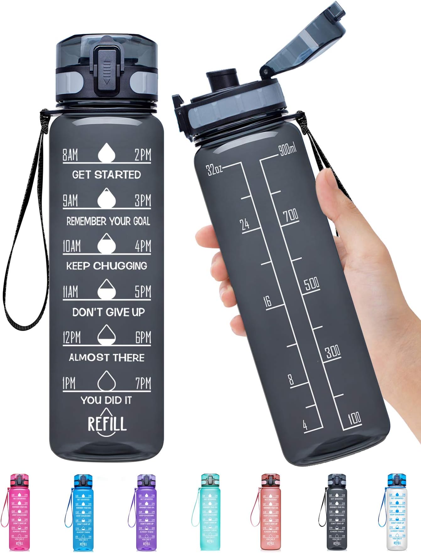 Elvira 32oz Motivational Fitness Sports Water Bottle with Time Marker & Removable Strainer,Fast Flow,Flip Top Leakproof Durable BPA Free Non-Toxic-Black