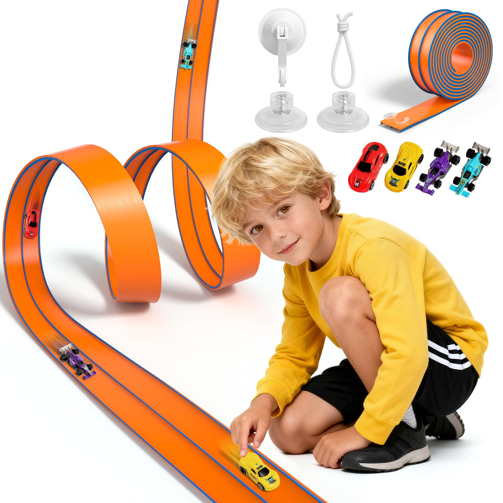 Flexible Race Track Set, Track for Toy Cars, 4.5m Flexible Car Tracks for Kids, Toy Car Ramp Rolls up Portable Dual Racetrack Includes 4 Cars, Tracks Toys Gifts for 3 4 5 6 7+ Year Old Boys