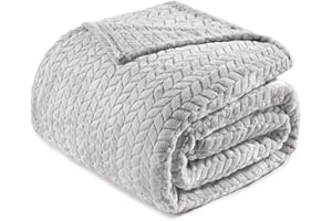 Exclusivo Mezcla Light Grey Fleece Queen Size Blanket for Bed, 90x90 Inches Soft Cozy Jacquard Flannel Blankets, Lightweight 