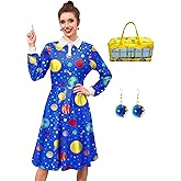 Womens Halloween Dress Sets Adult Long Sleeve Ms. Frizlee Cosplay Costumes with Handbag Earrings Sea Blue L