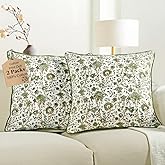 CPC Throw Pillow Covers for Couch, 18x18 Inch Decorative Couch Pillows for Living Room, 100% Cotton Boho Cute Outdoor Pillows, Flower Pillow Covers or Preppy Throws-Vintage Garden Green