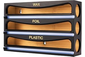 Cozee Bay Bamboo Wrap Dispenser with Cutter, Plastic Wrap Organizer, Aluminum Foil Organization, and Wax Paper Dispenser Holder for Kitchen Drawer and Wall, Compatible with 12" Roll (01 Black)