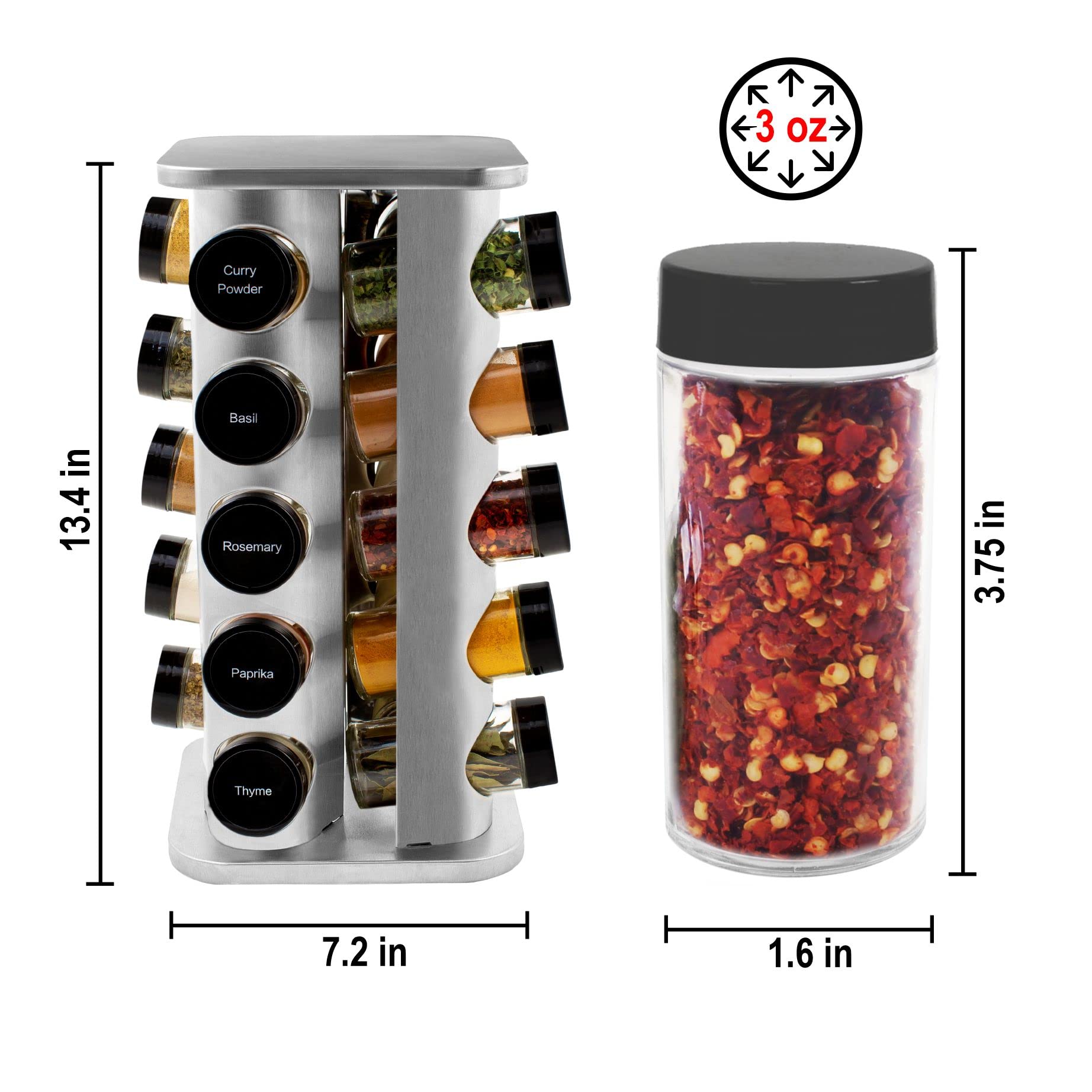 Orii 20 Jar Spice Rack with Spices Included - Revolving Tower Organizer for Kitchen Spices and Seasonings, (Stainless Steel)