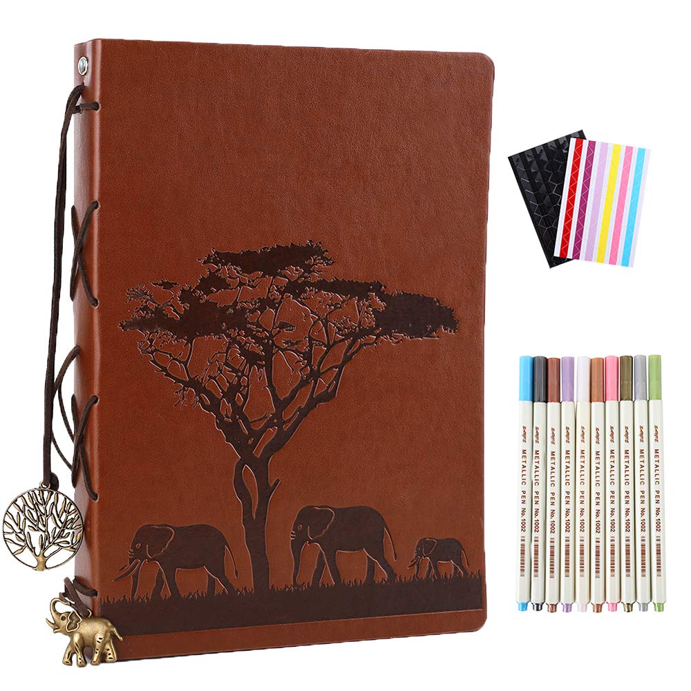 YHH Photo Album Scrapbook Black Pages, Vintage Leather Holiday Scrap Book Refillable Memory Book DIY Scrapbooking Christmas Birthday Gift for Men Women Anniversary Present for Dad Mum Elephant Family