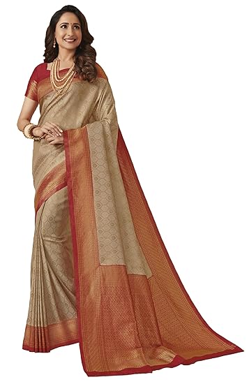 Indian Fusion, Off-white Soft Silk Embroidered Border Saree with Blouse Piece (Off-White, Red- 405)