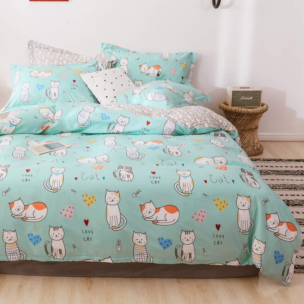 LAYENJOY Cats Duvet Cover Set Twin, 100% Cotton Bedding, Cartoon Cats Heart Pattern Printed on Mint Green Reversible Floral, Cute Animal Comforter Cover for Kids Teens Boys Girls, No Comforter
