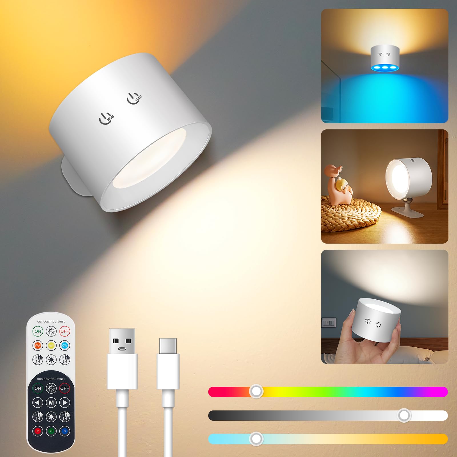 Ledronix Wall Light Indoor, Rechargeable LED Wall Lamp with Remote Control, Dimmable RGB Ambient Lighting, Timer Function Touch Control 360° Rotatable Up and Down Light, 1 Pcs