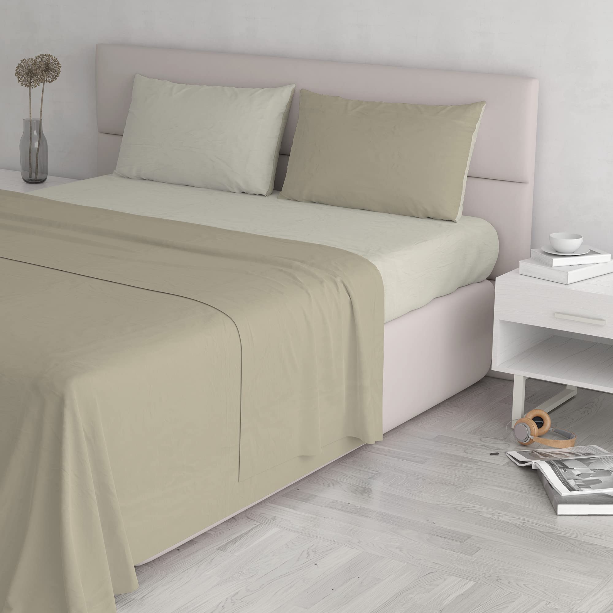 Italian Bed Linen Natural Color Bed Set (Flat 250x300, Fitted Sheet 170x200cm+2 Pillowcases 52x82cm), Petrol Bottle Green, Dove Gray/Cream, DOUBLE