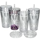 sweet grain Snow Globe Tumblers(4 Pack) - 16oz Double Wall Acrylic Tumblers for Snow Globe Cups with Pre Drilled Hole, Lids, Straws and Hole Stopper, Clear Snowglobe Tumbler - Detachable Hollow Lid