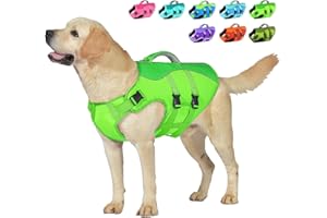 Petglad Dog Life Jacket, Reflective Dog Harness Life Vest with Rescue Handle for Swimming Boating, Adjustable High Buoyancy Flotation Swim Vest for Small Meium Large Dogs - Green, L