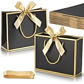 DOYIDE 12 Pcs Thank You Gift Bags with Handles, 9x7x3.1in Paper Gift Bags with Bow Ribbon, Black Party Favor Bags for Any Birthday Wedding Baby Shower Bridesmaid Party Medium Gift Wrap Bags