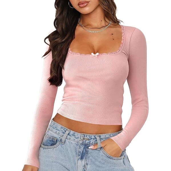トップス meltthelady neck ribbon tops SweatyRocks Women's Mock Neck Ribbed Knit Scallop Short Sleeve T