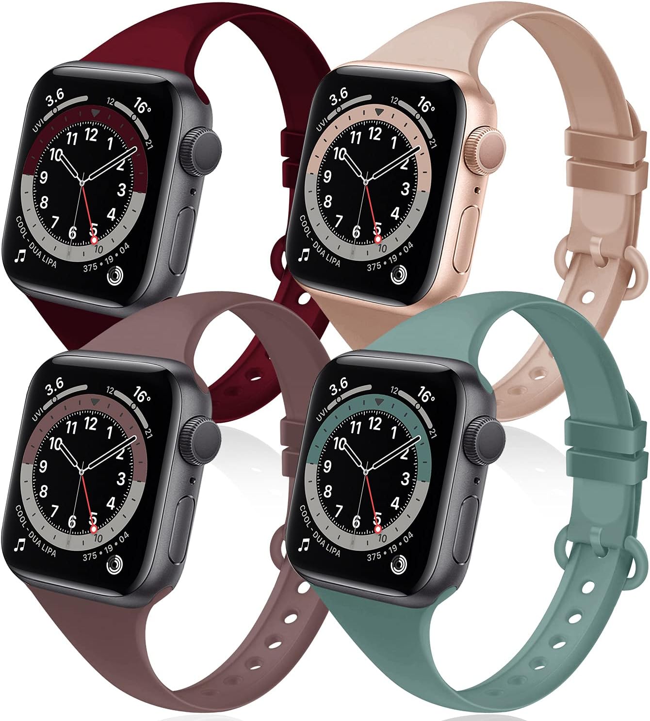 4 Pack Silicone Bands Compatible with Apple Watch 38mm 40mm 42mm 44mm, Thin Slim Narrow Replacement Soft Strap for iWatch SE Series 6/5/4/3/2/1, Wine Red/Milk Tea/Smoke Violet/Cactus 38mm/40mm