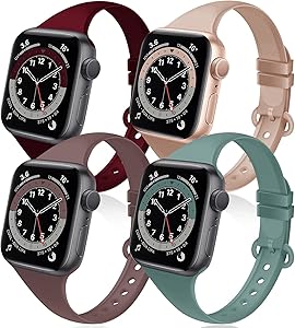 4 Pack Silicone Bands Compatible with Apple Watch 38mm 40mm 42mm 44mm, Thin Slim Narrow Replacement Soft Strap for iWatch SE Series 6/5/4/3/2/1, Wine Red/Milk Tea/Smoke Violet/Cactus 38mm/40mm