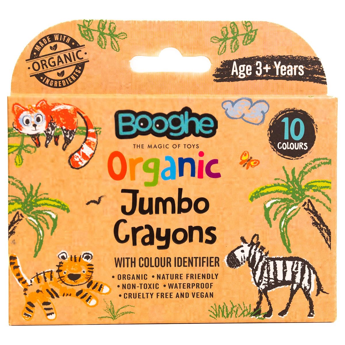 Booghe Kids Jumbo Crayons - Made With Organic Ingredients and Food Grade Colors - Nature Friendly, Non Toxic, Waterproof, Pack of 10, Age 3 + Years