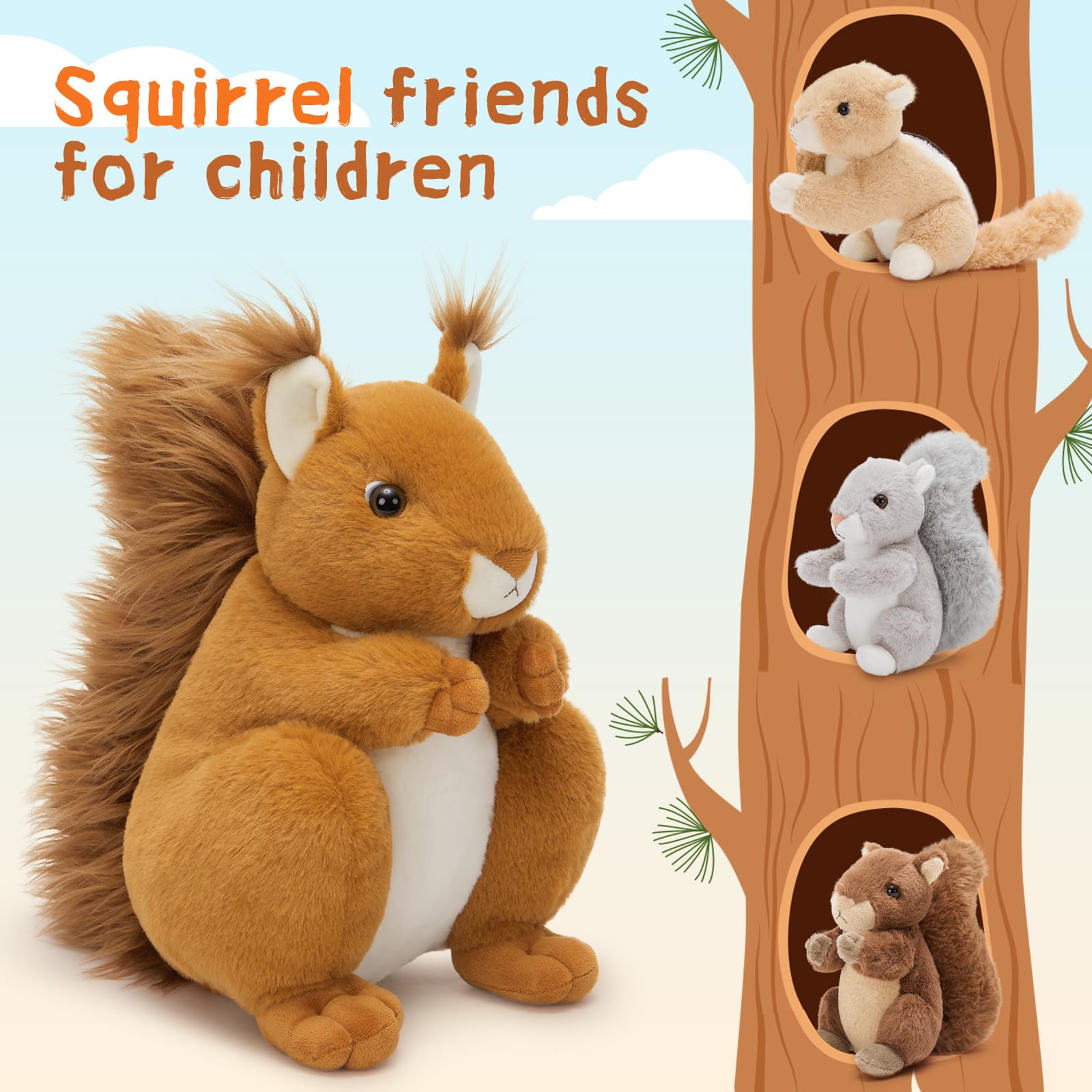 MorisMos 4 stücke Eichhörnchen Kuscheltier XXL Set, 35cm hoch riesen eichhörnchen Kuscheltier mit Babys im Bauch, Groß Squirrel Plüschtier Stofftier Geschenk Kinder 5
