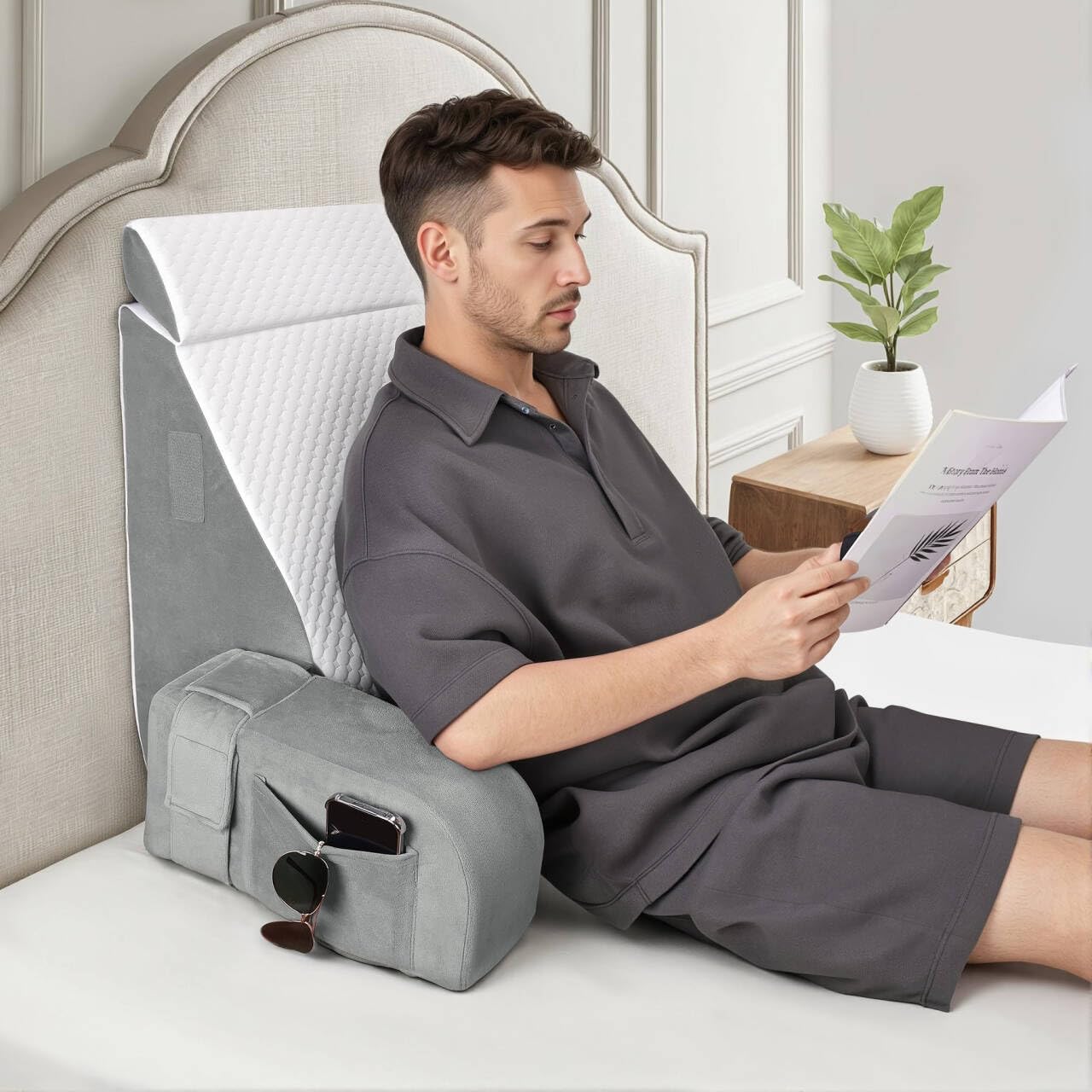 Photo 1 of BEYOUDO Reading Pillow for Sitting in Bed Adult, Back Pillow for Bed Sitting up, Reading & Bed Rest Pillows for Watching (White/Gray)