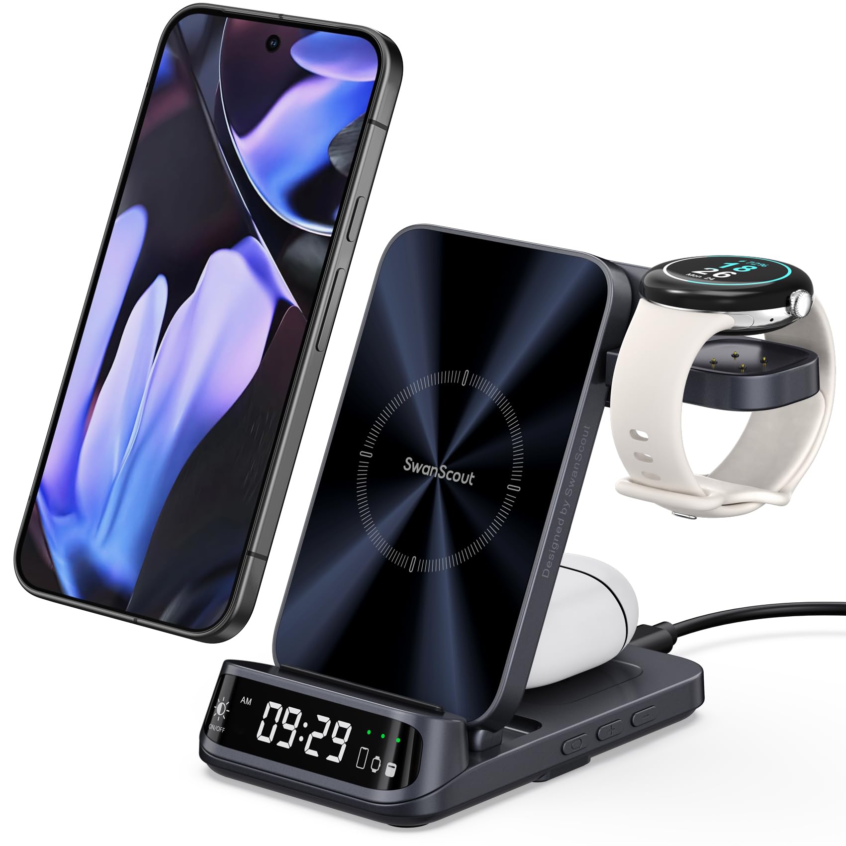Photo 1 of Wireless Charger for Pixel Watch 3/2, 3 in 1 Charging Station for Google 9 Pro Fold/9 Pro XL/9 Pro/9a/9/8/7/6/5, SwanScout 708G2 (Not for Pixel Watch 4/1, No Adapter)