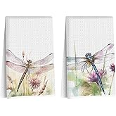 CQM 2Pcs Watercolor Dragonfly Kitchen Towels 24x14 Inch, Rustic Floral Waffle Hand Towels for Kitchen Home, Absorbent Microfiber Dish Cloth Tea Towel, Dragonfly Gifts for Women