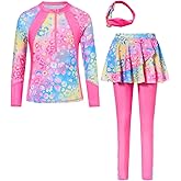 SunFocus Girls Long Sleeve Rashguard Half Zip Swimsuits UPF 50+ Two Piece Swim Sets with Hairband 5-12Y