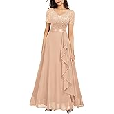 Miusol Women's Classy V-Neck Ruffle Floral Lace Hem Trim Sequined Maxi Bridesmaid Dress