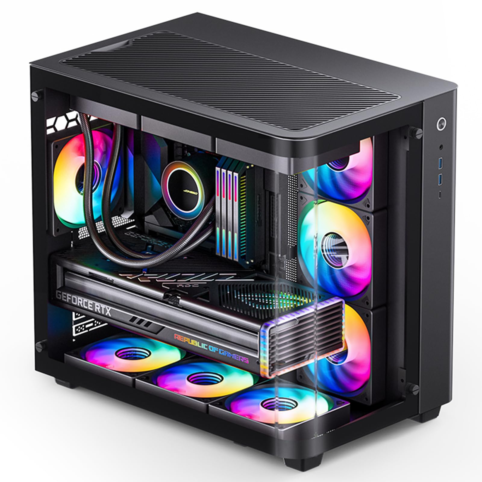 JONSBO TK-3 Black One-Piece Curved Glass ATX Mid Tower Pc Case, One-Piece Curved Glass, SP BTF MB/Dual 360 AIO/ATX PSU/40Series GPU, with 10 Fan Positions, 270 Degree Side View Display,Black Chassis