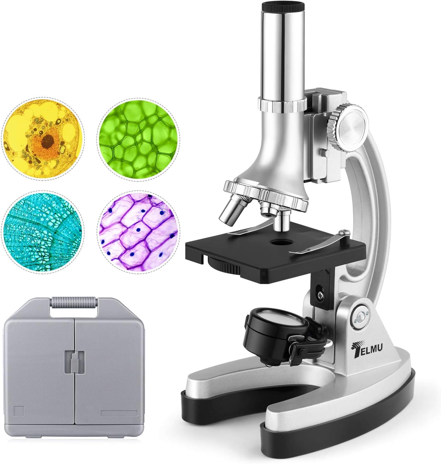 TELMU Microscope 300X-600X-1200X Magnification 70pcs+ Accessory Set with Metal Arm and Mini Projector for Beginners