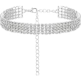 Sibba 4 Row Diamond Choker Necklace for Women Silver Plated Adjustable Iced Out Crystal Rhinestone Collar Elegant Anniversary Birthday Gift Jewelry Sparkling Party Wedding Tassel White Necklace(4 Row)
