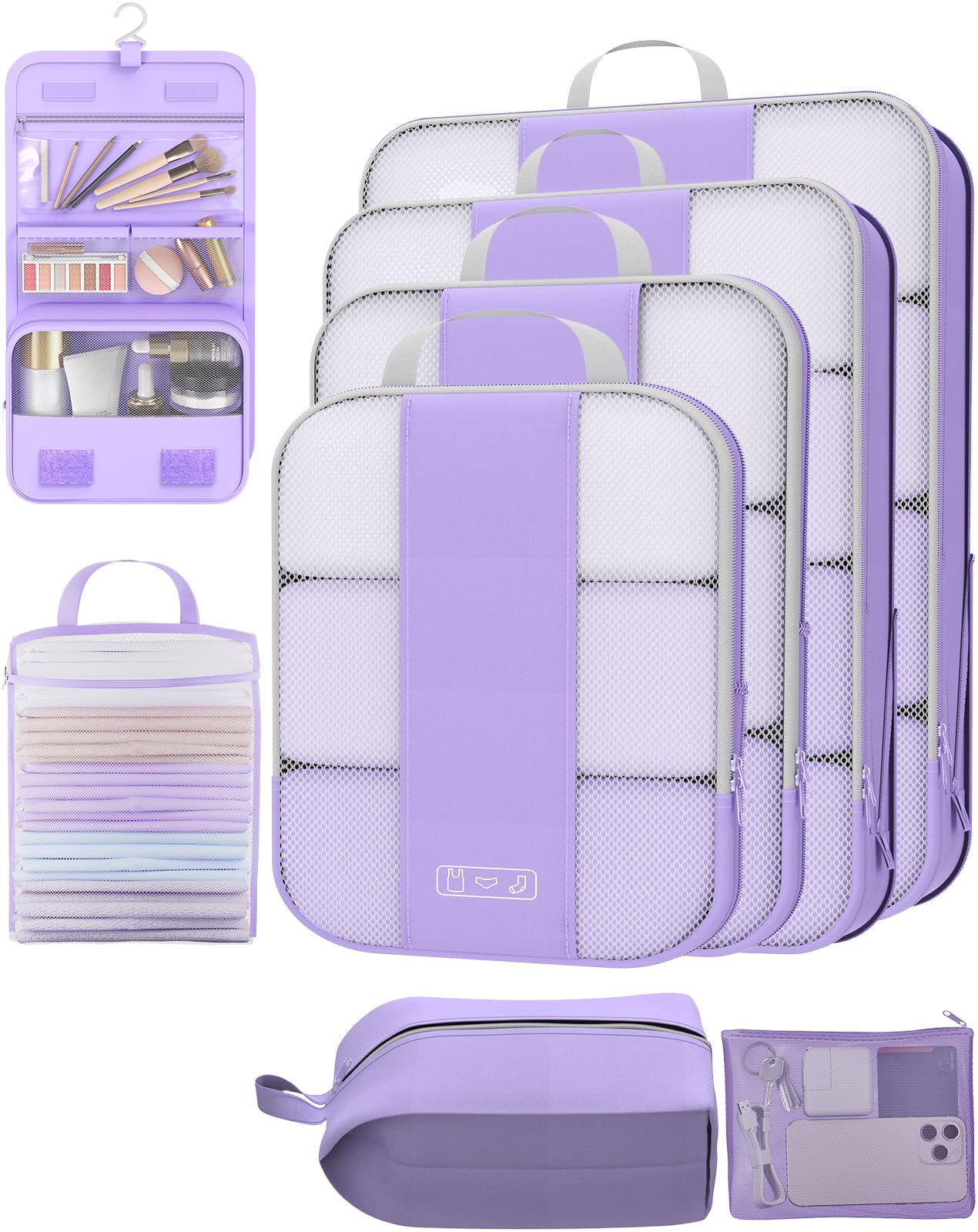 Photo 1 of 8 Set Compression Packing Cubes for Travel Essentials,Compressible Expandable Packing Cubes for Suitcase,OlarHike Luggage Organizer Bags for Travel,Handy Helper for Organizing Clothes(Light Purple)