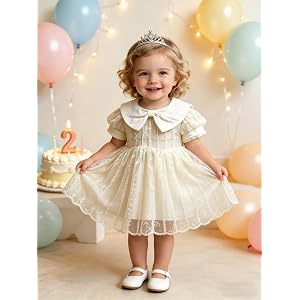 Baby Girl Lace Dress, Toddler Bow Collared Short Sleeve Formal Party Dress with Lining for Birthday, Wedding, Photo Shoot
