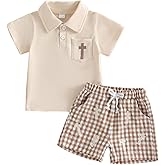 Sprifallbaby Toddler Baby Boy Easter Outfit Summer Clothes Cross Embroidery Short Sleeve Lapel Shirt Plaid Shorts Set