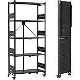 WORKPRO 5-Tier Folding Shelf, No-Assembly Metal Storage Rack with Wheels, 750 lbs Capacity (with Leveling Feet), Collapsible Shelving Unit for Kitchen, Pantry, Bathroom &amp; Closet Organization
