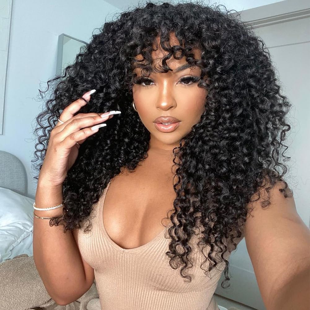 Photo 1 of 200 Density Curly Wig with Bangs Human Hair Full Machine Made Scalp Top Wig Glueless Virgin Brazilian Long Curly Wig No Lace for Black Women Natural Color 16 inch