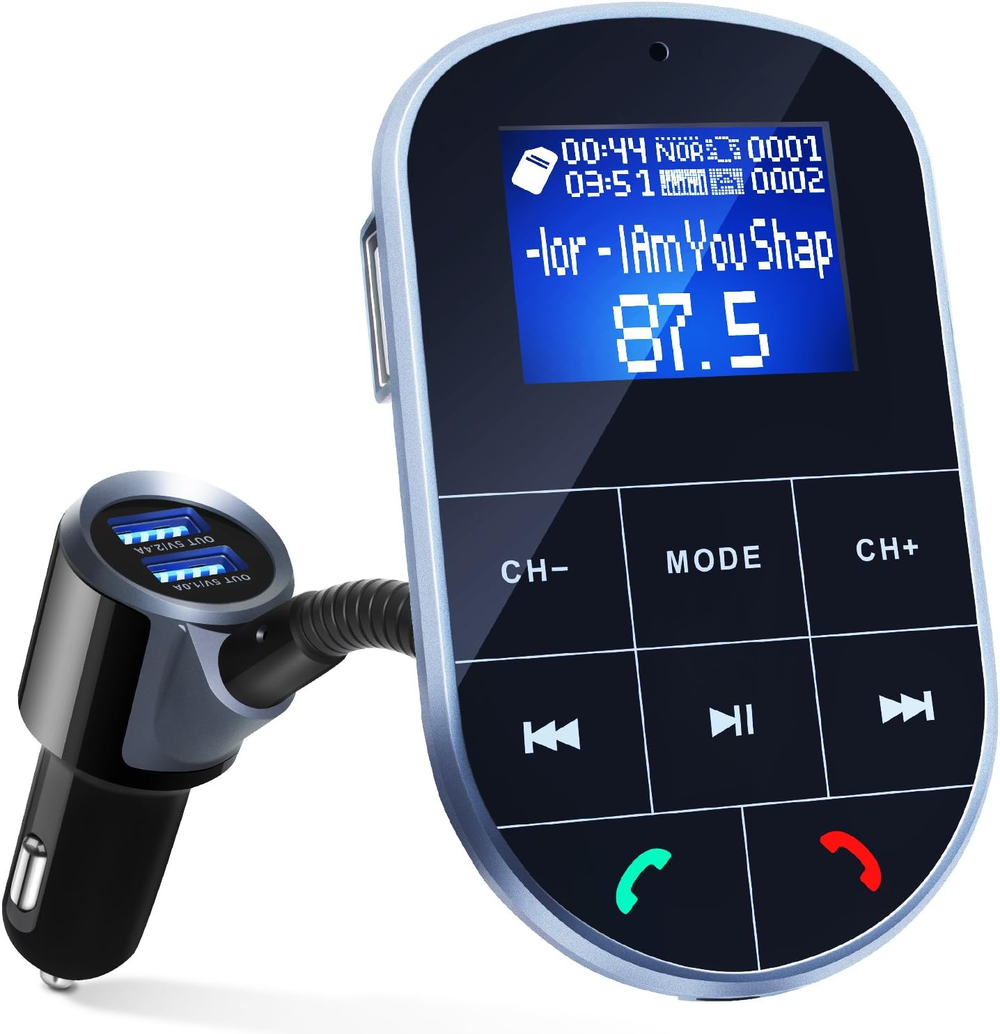 Bluetooth FM Transmitter for Car, Wireless Bluetooth FM Radio Adapter 2 Ports USB Car Charger 5V/2.4A&1A with Hands-Free Calling, Micro SD Card Aux Output