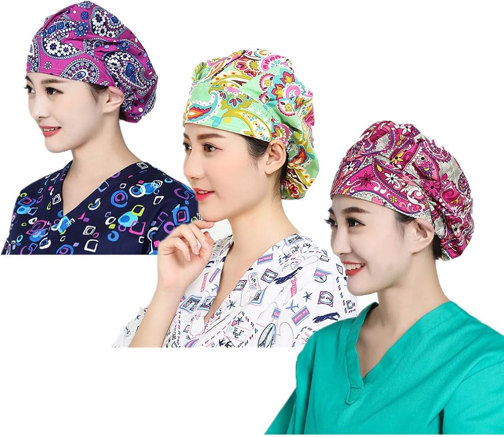 LTifree 3pc Women's Adjustable Bouffant Caps Hats Working Cap Sweatband Value Set Multi Color: Clothing