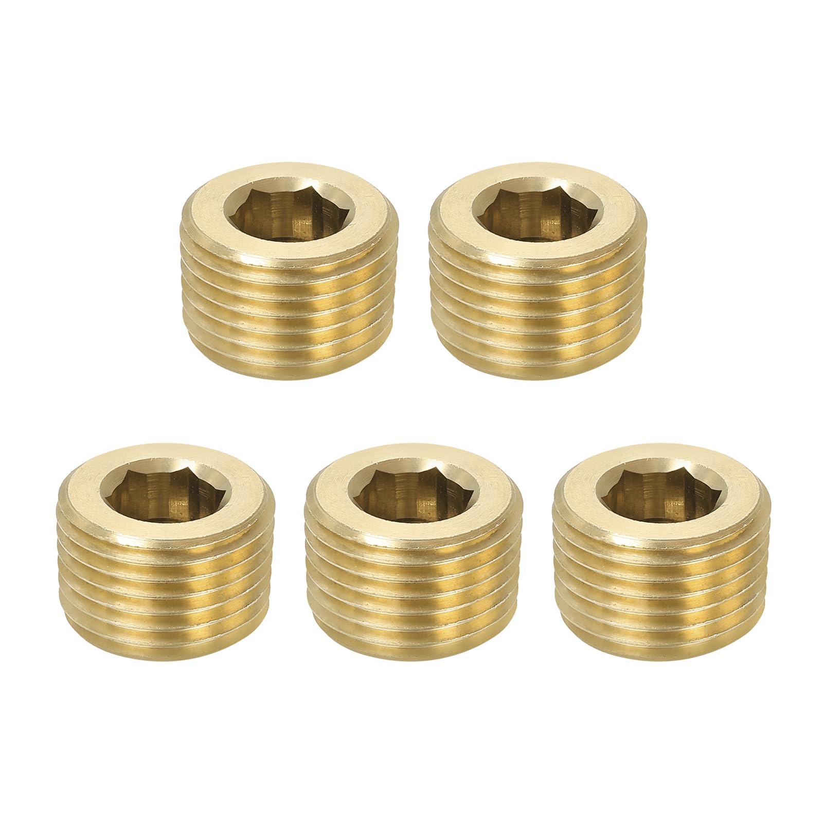 PATIKIL 1/2 inch Male NPT Pipe Plug Internal Hex Thread Socket, 5 Pack Hex Counter Sunk Solid Brass Pipe Plug Fitting Set for Pipe Air Tanks