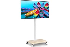 Rfiver Rolling TV Stand for 32 to 55 60 Inch TVs up to 88lbs, Height Adjustable Mobile TV Stand with Wood Base, Space-Saving Design Tall TV Cart Floor Stands for Living Room, Bedroom, Corner (White)