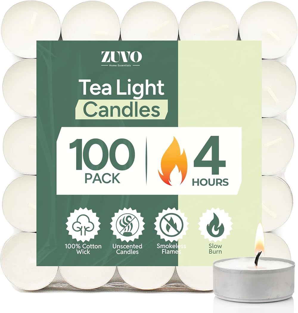 Zuvo 4-Hour Unscented Tea Light Candles 100 Pack White, Cotton Wicks 3.8x1.3 cm