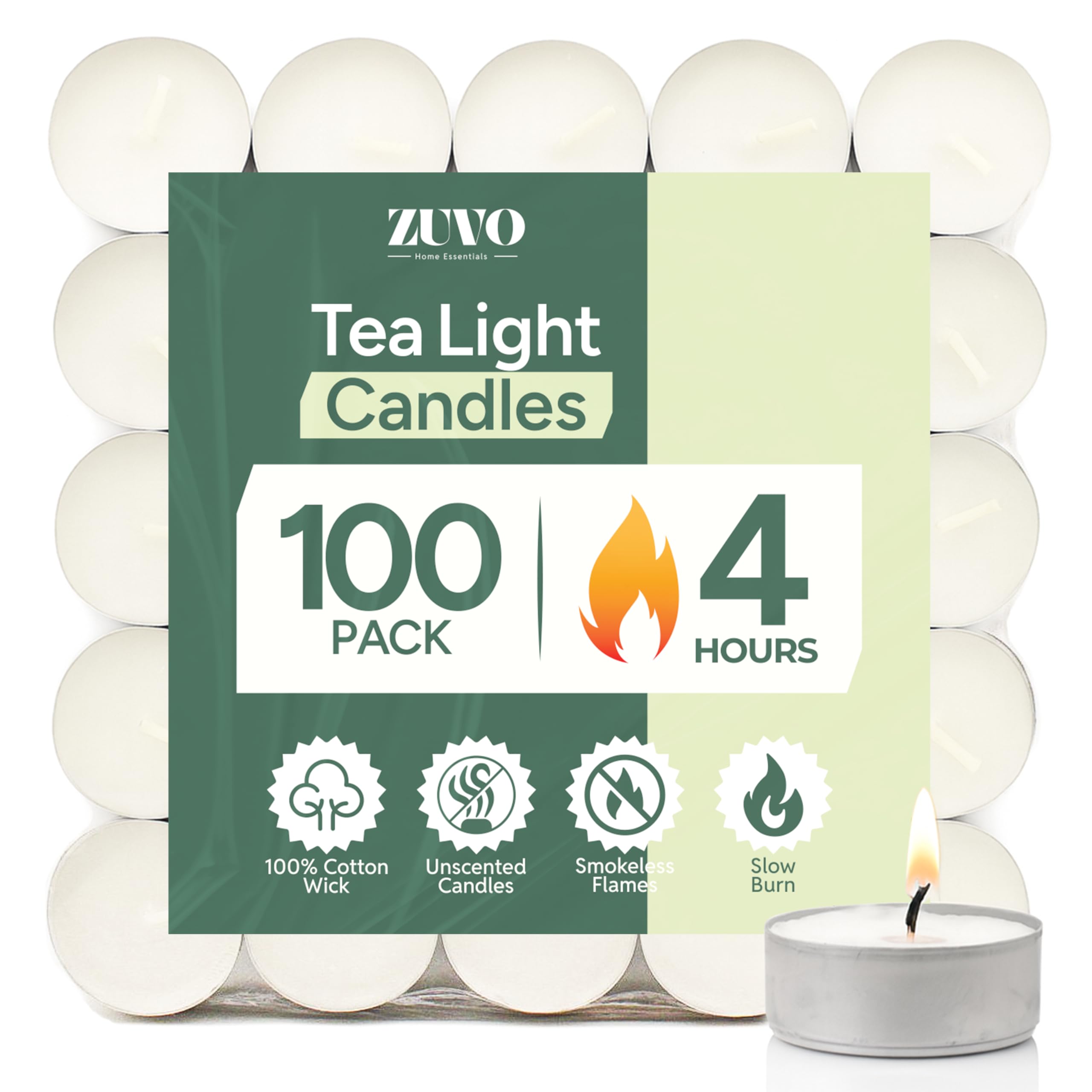 Zuvo 4-Hour Unscented Tea Light Candles (100-Pack) - Long-Lasting with Cotton Wicks, Clean Burning, 3.8 × 1.3 cm, White
