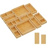 Lifewit Drawer Organizers 10 Pack(22 Grid) with 12 Inserts | Adjustable Bamboo Wooden Trays for Utensils, Silverware, Makeup, Kitchen, Bathroom, Office, Vanity Storage