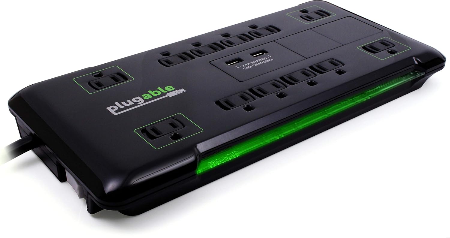 Plugable Surge Protector Power Strip with USB and 12 AC Outlets, Built-in 10.5W 2-Port USB Charger for Android, Apple iOS, and Windows Mobile Devices, 25 Foot Extension Cord: Electronics
