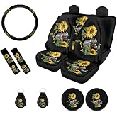 Suobstales Sunflower Car Accessories Elephant Seat Covers for Cars for Women Full Set with Steering Wheel Cover + Seat Belt Covers Shoulder Pads + Coasters + Keychains Interior Cover Set of 11
