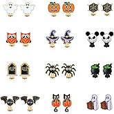 12 Pairs Halloween Clip on Earrings Set Bat Spider Ghost Pumpkin Witch Cat Earrings Hypoallergenic Clip Stud Earrings for Teen Girls Women Bulk Halloween Jewelry
