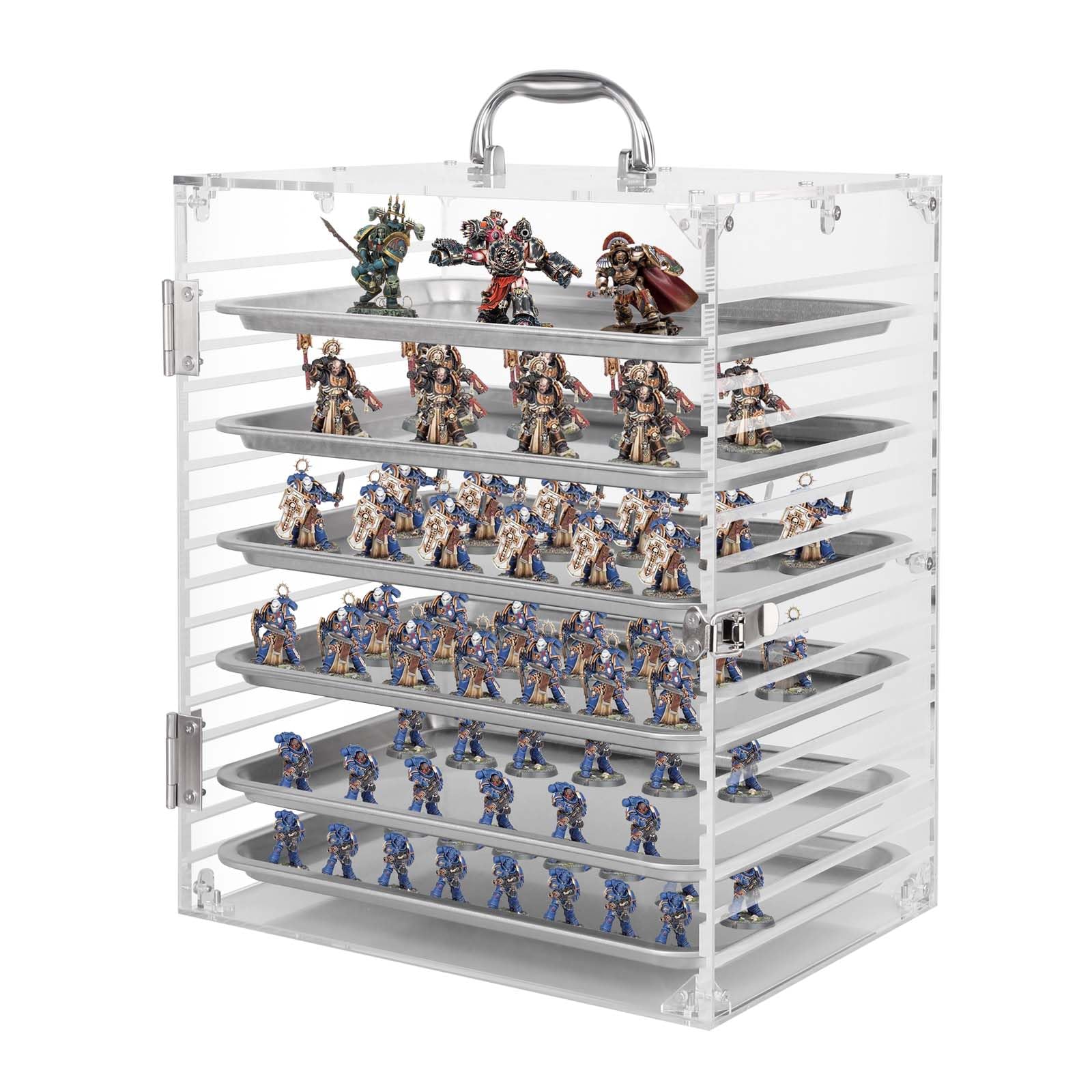 Famard Clear Acrylic Miniature Storage Case, Miniatures Carrying Case with 6 Magnetic Metal Trays, Miniature Display Case with Protective Door Compatible with Warhammer 40k